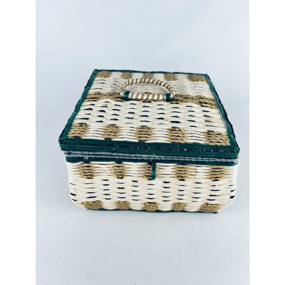 Vintage Wicker Sewing Basket / Music Box & Satin Lining Thread Supplies Works!